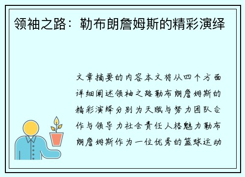 领袖之路：勒布朗詹姆斯的精彩演绎