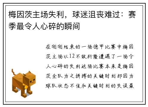 梅因茨主场失利，球迷沮丧难过：赛季最令人心碎的瞬间