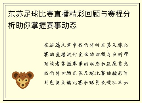 东苏足球比赛直播精彩回顾与赛程分析助你掌握赛事动态